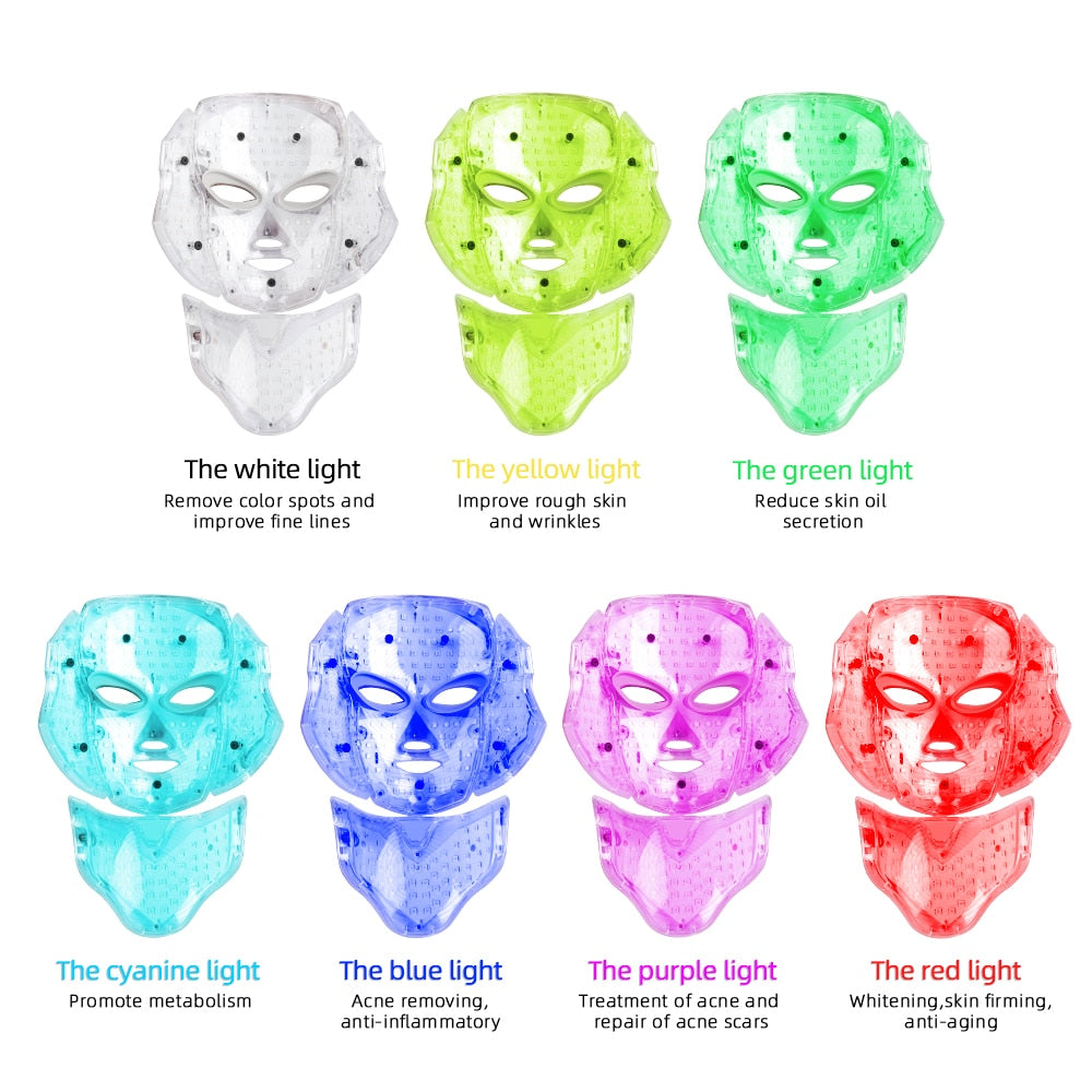 7 Color LED Facial Mask: Face and Neck Care Treatment, Beauty, Anti-Acne, Korean Photon Therapy for Skin Brightening and Regeneration